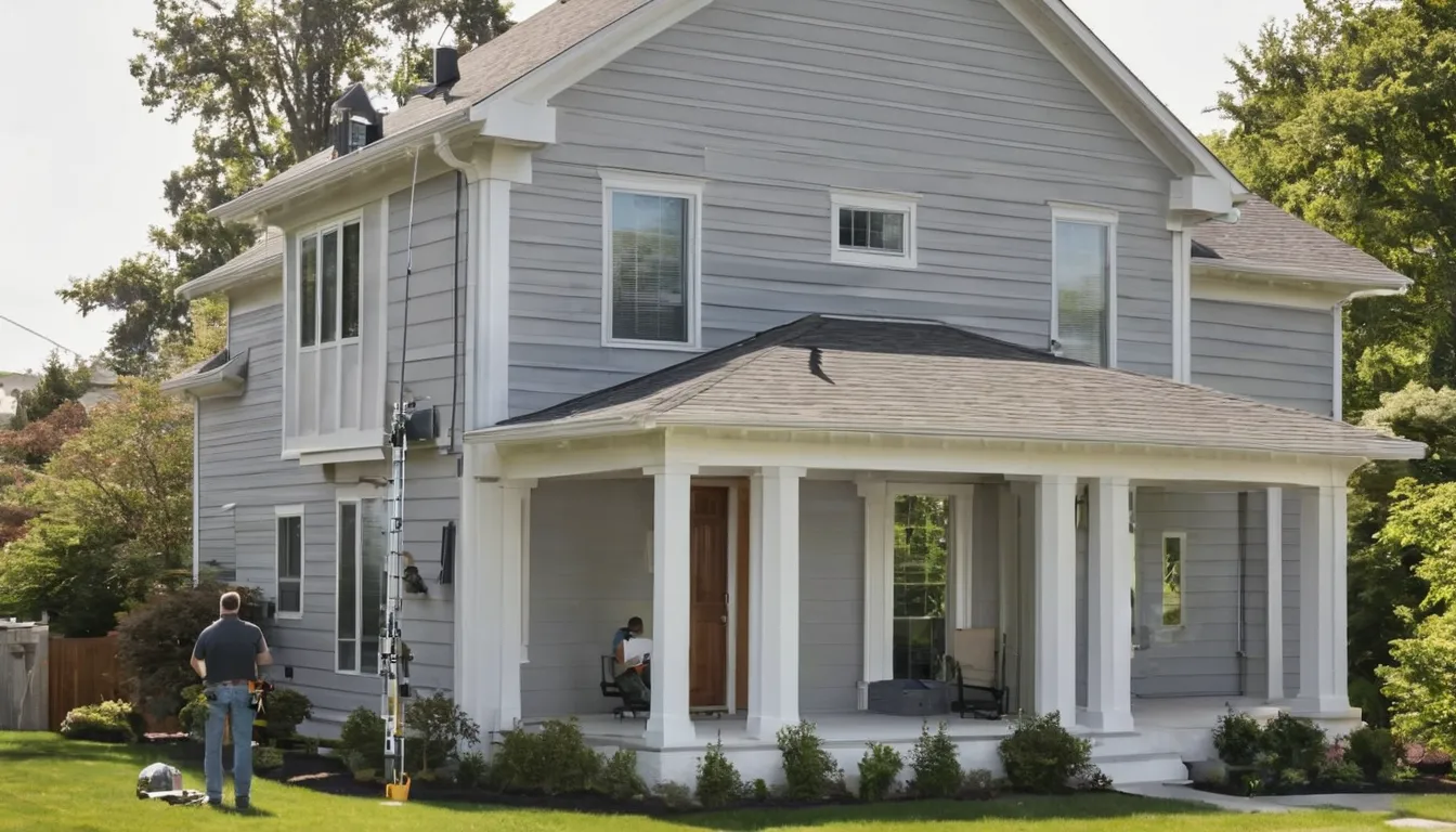 A friendly siding installer on a lift fastening new vinyl siding panels on a frame house in Arlington Heights
